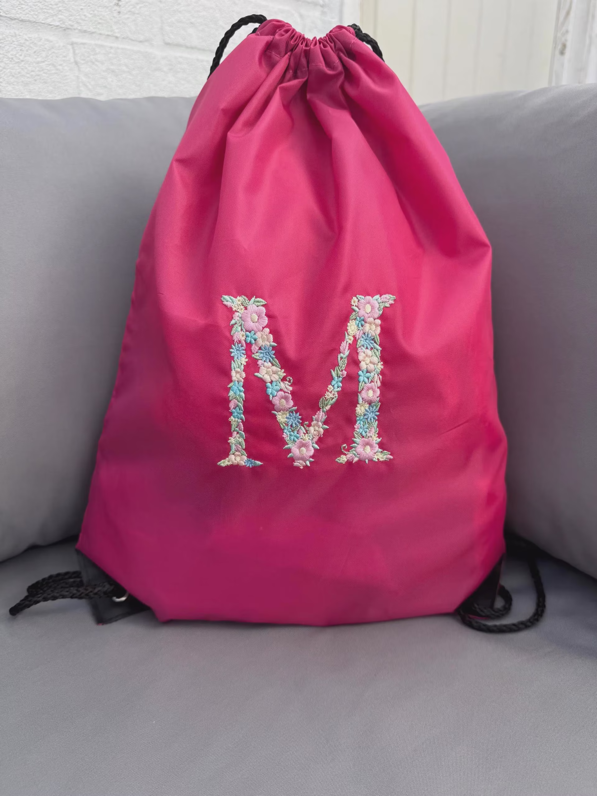 Personalized Embroidered Drawstring Gym Bag: Floral Initial Monogram Sports or PE bag